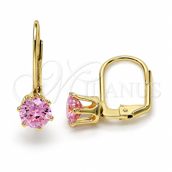 Oro Laminado Leverback Earring, Gold Filled Style with Pink Cubic Zirconia, Polished, Golden Finish, 5.128.093