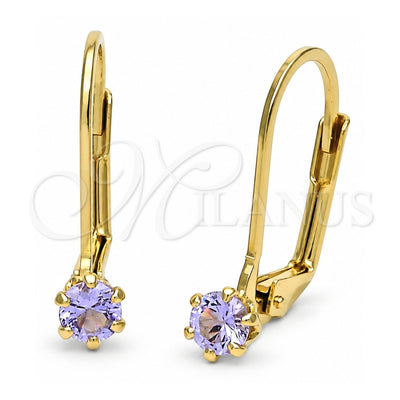 Oro Laminado Leverback Earring, Gold Filled Style with Lavender Cubic Zirconia, Polished, Golden Finish, 5.128.097