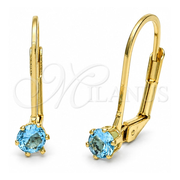 Oro Laminado Leverback Earring, Gold Filled Style with Aqua Blue Cubic Zirconia, Polished, Golden Finish, 5.128.107