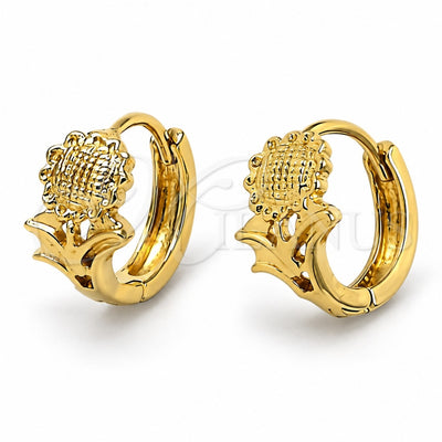 Oro Laminado Huggie Hoop, Gold Filled Style Flower Design, Matte Finish, Golden Finish, 5.130.008
