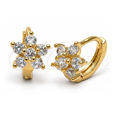 Oro Laminado Huggie Hoop, Gold Filled Style Flower Design, with White Cubic Zirconia, Polished, Golden Finish, 5.130.012
