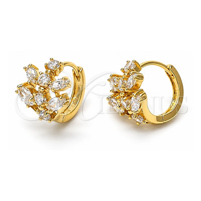Oro Laminado Huggie Hoop, Gold Filled Style Tree Design, with White Cubic Zirconia, Polished, Golden Finish, 5.130.022