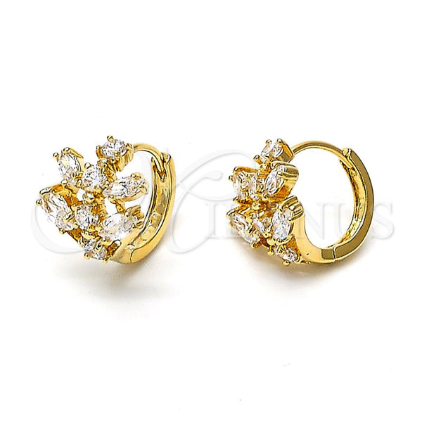 Oro Laminado Huggie Hoop, Gold Filled Style Tree Design, with White Cubic Zirconia, Polished, Golden Finish, 5.130.022