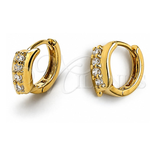 Oro Laminado Huggie Hoop, Gold Filled Style Leaf Design, with White Cubic Zirconia, Polished, Golden Finish, 5.132.011