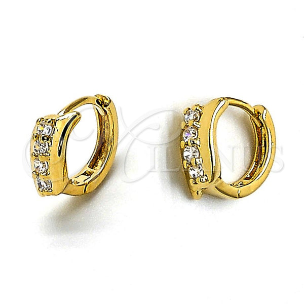 Oro Laminado Huggie Hoop, Gold Filled Style Leaf Design, with White Cubic Zirconia, Polished, Golden Finish, 5.132.011