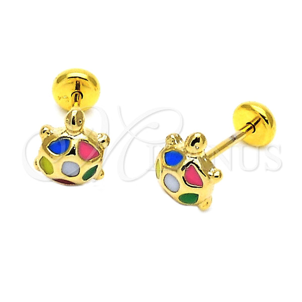 Oro Laminado Stud Earring, Gold Filled Style Turtle Design, Multicolor Enamel Finish, Golden Finish, 02.09.0023