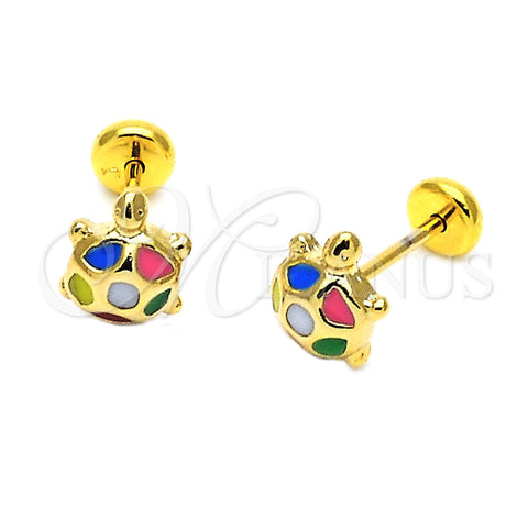 Oro Laminado Stud Earring, Gold Filled Style Turtle Design, Multicolor Enamel Finish, Golden Finish, 02.09.0023
