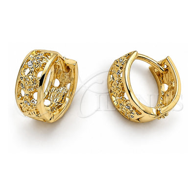 Oro Laminado Huggie Hoop, Gold Filled Style Flower Design, Diamond Cutting Finish, Golden Finish, 5.133.017