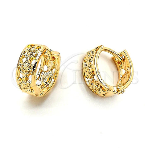 Oro Laminado Huggie Hoop, Gold Filled Style Flower Design, Diamond Cutting Finish, Golden Finish, 5.133.017