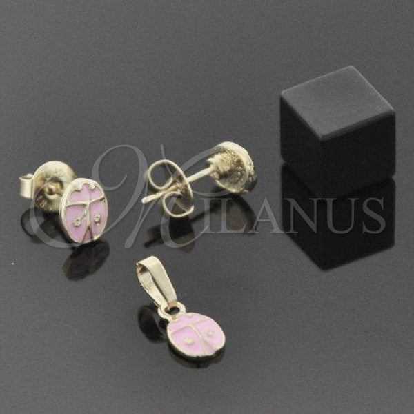Oro Laminado Earring and Pendant Children Set, Gold Filled Style Ladybug Design, Enamel Finish, Golden Finish, 10.64.0154
