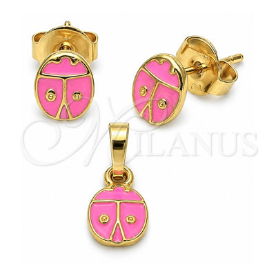 Oro Laminado Earring and Pendant Children Set, Gold Filled Style Ladybug Design, Enamel Finish, Golden Finish, 10.64.0154