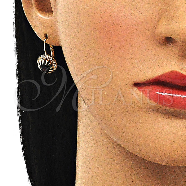 Oro Laminado Leverback Earring, Gold Filled Style Flower Design, with Dark Amethyst and White Crystal, Polished, Golden Finish, 5.125.007.1