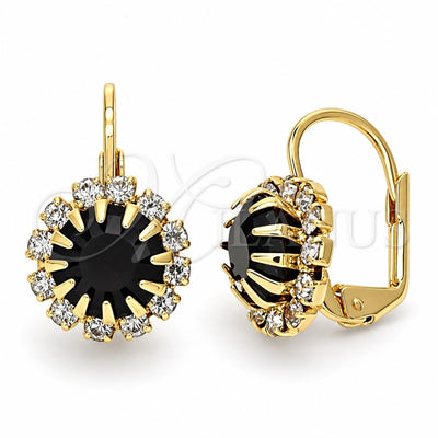 Oro Laminado Leverback Earring, Gold Filled Style Flower Design, with Dark Amethyst and White Crystal, Polished, Golden Finish, 5.125.007.1