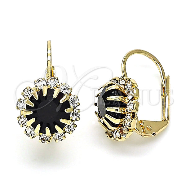 Oro Laminado Leverback Earring, Gold Filled Style Flower Design, with Dark Amethyst and White Crystal, Polished, Golden Finish, 5.125.007.1
