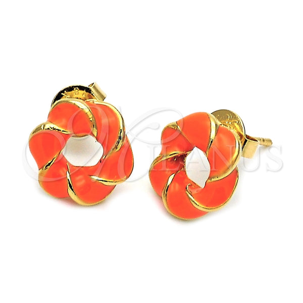 Oro Laminado Stud Earring, Gold Filled Style Love Knot Design, Orange Enamel Finish, Golden Finish, 5.126.020 *PROMO*