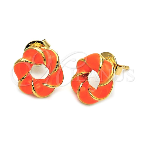 Oro Laminado Stud Earring, Gold Filled Style Love Knot Design, Orange Enamel Finish, Golden Finish, 5.126.020 *PROMO*