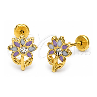 Oro Laminado Stud Earring, Gold Filled Style Flower Design, Pink Enamel Finish, Golden Finish, 02.09.0049