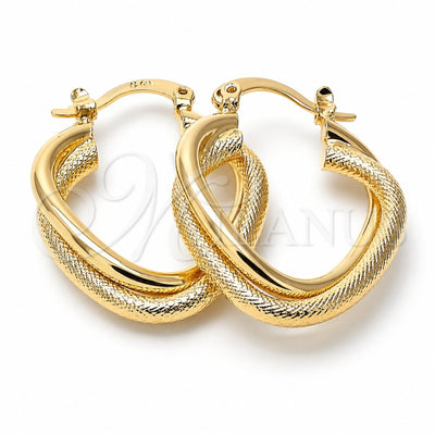 Oro Laminado Small Hoop, Gold Filled Style Twist and Heart Design, Diamond Cutting Finish, Golden Finish, 5.147.028