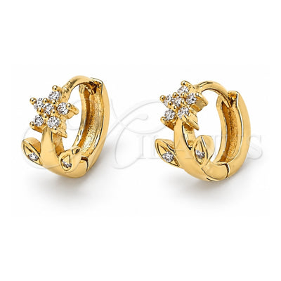 Oro Laminado Huggie Hoop, Gold Filled Style Flower Design, with White Cubic Zirconia, Polished, Golden Finish, 5.130.035.1