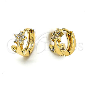 Oro Laminado Huggie Hoop, Gold Filled Style Flower Design, with White Cubic Zirconia, Polished, Golden Finish, 5.130.035.1