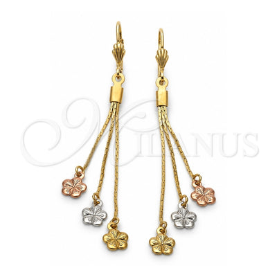 Oro Laminado Long Earring, Gold Filled Style Flower Design, Diamond Cutting Finish, Tricolor, 02.63.2109