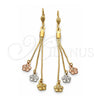 Oro Laminado Long Earring, Gold Filled Style Flower Design, Diamond Cutting Finish, Tricolor, 02.63.2109