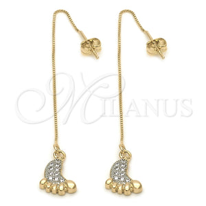 Oro Laminado Threader Earring, Gold Filled Style Feet Design, with White Micro Pave, Polished, Golden Finish, 02.65.2186