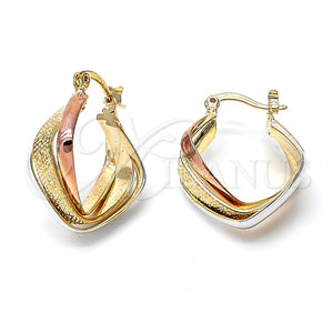 Oro Laminado Medium Hoop, Gold Filled Style Twist and Star Design, Diamond Cutting Finish, Tricolor, 5.155.005