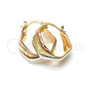 Oro Laminado Small Hoop, Gold Filled Style Twist Design, Diamond Cutting Finish, Tricolor, 5.155.011
