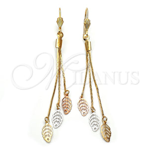 Oro Laminado Long Earring, Gold Filled Style Leaf and Long Box Design, Polished, Tricolor, 02.63.2114