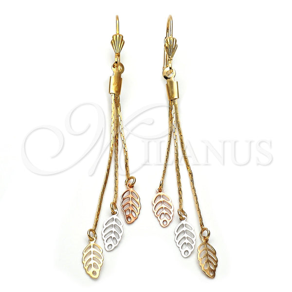 Oro Laminado Long Earring, Gold Filled Style Leaf and Long Box Design, Polished, Tricolor, 02.63.2114