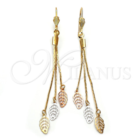 Oro Laminado Long Earring, Gold Filled Style Leaf and Long Box Design, Polished, Tricolor, 02.63.2114