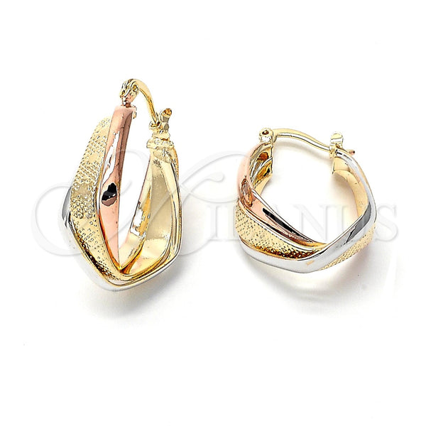 Oro Laminado Medium Hoop, Gold Filled Style Twist and Turtle Design, Diamond Cutting Finish, Tricolor, 5.156.009