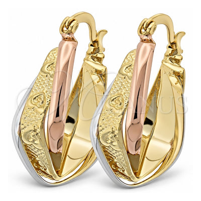 Oro Laminado Small Hoop, Gold Filled Style Heart and Buffalo Design, Diamond Cutting Finish, Tricolor, 5.156.019
