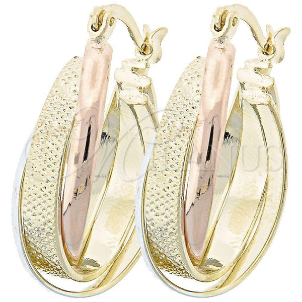 Oro Laminado Medium Hoop, Gold Filled Style Twist and Turtle Design, Diamond Cutting Finish, Tricolor, 5.156.021