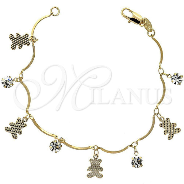 Oro Laminado Charm Bracelet, Gold Filled Style Teddy Bear Design, with White Cubic Zirconia, Diamond Cutting Finish, Golden Finish, 5.030.011.07 (03 MM Thickness, 7 Inches Length)
