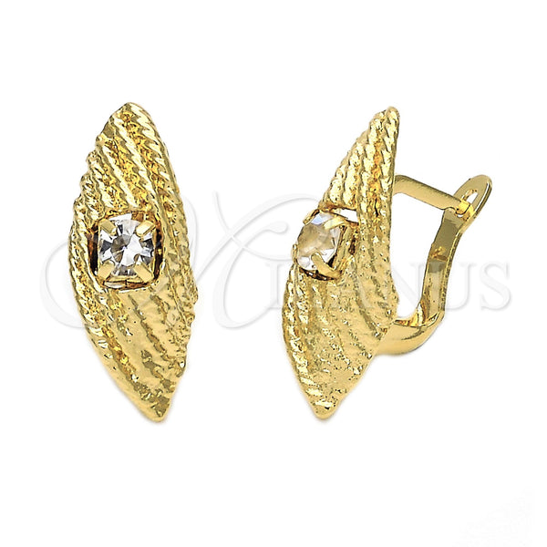 Oro Laminado Leverback Earring, Gold Filled Style Twist Design, with White Cubic Zirconia, Diamond Cutting Finish, Golden Finish, 5.127.039.2