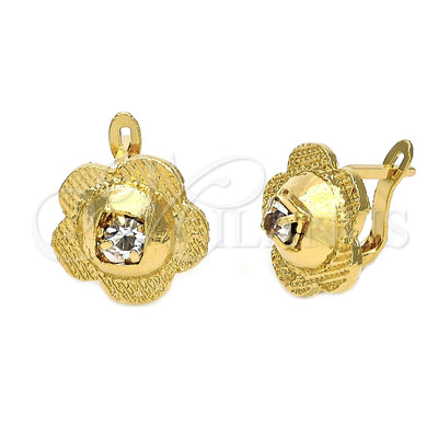 Oro Laminado Leverback Earring, Gold Filled Style Flower Design, with White Cubic Zirconia, Diamond Cutting for wholesale, main product view