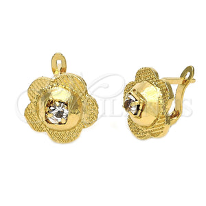 Oro Laminado Leverback Earring, Gold Filled Style Flower Design, with White Cubic Zirconia, Diamond Cutting Finish, Golden Finish, 5.127.051.2