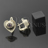 Oro Laminado Leverback Earring, Gold Filled Style Heart Design, with Dark Violet Cubic Zirconia, Diamond Cutting Finish, Golden Finish, 5.127.052.1