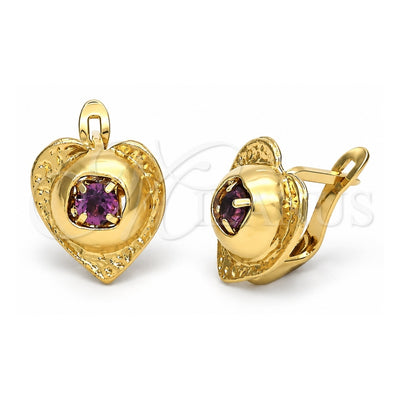 Oro Laminado Leverback Earring, Gold Filled Style Heart Design, with Dark Violet Cubic Zirconia, Diamond Cutting Finish, Golden Finish, 5.127.052.1