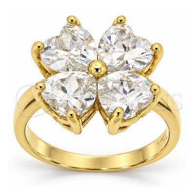 Oro Laminado Multi Stone Ring, Gold Filled Style Four-leaf Clover and Heart Design, with White Cubic Zirconia, Polished, Golden Finish, 5.169.010.07 (Size 7)