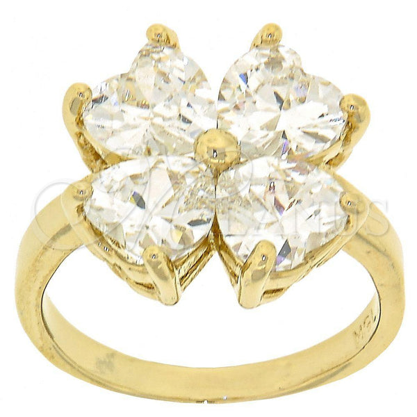 Oro Laminado Multi Stone Ring, Gold Filled Style Four-leaf Clover and Heart Design, with White Cubic Zirconia, Polished, Golden Finish, 5.169.010.07 (Size 7)