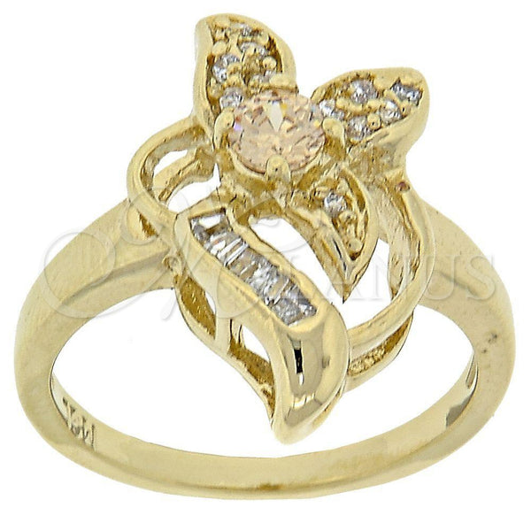 Oro Laminado Multi Stone Ring, Gold Filled Style Flower and Baguette Design, with Dark Champagne and White Cubic Zirconia, Polished, Golden Finish, 5.172.025.07 (Size 7)