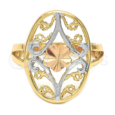Oro Laminado Elegant Ring, Gold Filled Style Flower and Filigree Design, Diamond Cutting Finish, Tricolor for wholesale, main product view