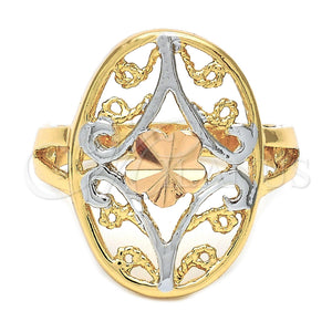 Oro Laminado Elegant Ring, Gold Filled Style Flower and Filigree Design, Diamond Cutting Finish, Tricolor, 5.175.009.07 (Size 7)