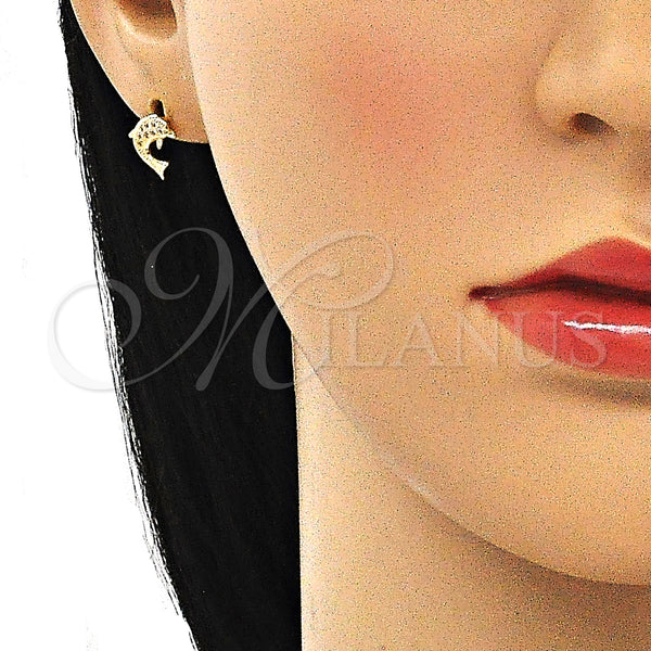 Oro Laminado Stud Earring, Gold Filled Style Dolphin Design, with White Micro Pave, Polished, Golden Finish, 02.156.0048