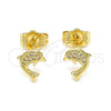 Oro Laminado Stud Earring, Gold Filled Style Dolphin Design, with White Micro Pave, Polished, Golden Finish, 02.156.0048