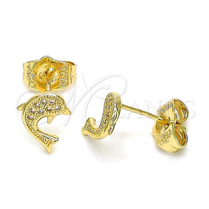 Oro Laminado Stud Earring, Gold Filled Style Dolphin Design, with White Micro Pave, Polished, Golden Finish, 02.156.0048