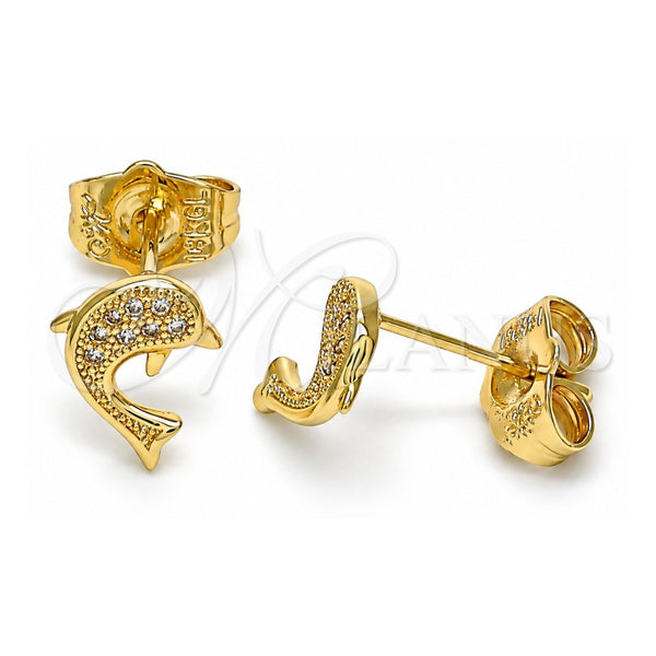 Oro Laminado Stud Earring, Gold Filled Style Dolphin Design, with White Micro Pave, Polished, Golden Finish, 02.156.0048